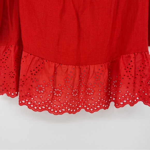 Umgee Red Eyelet Lace Trim Linen Blend Blouse Size Small Flutter Sleeve - Picture 2 of 6